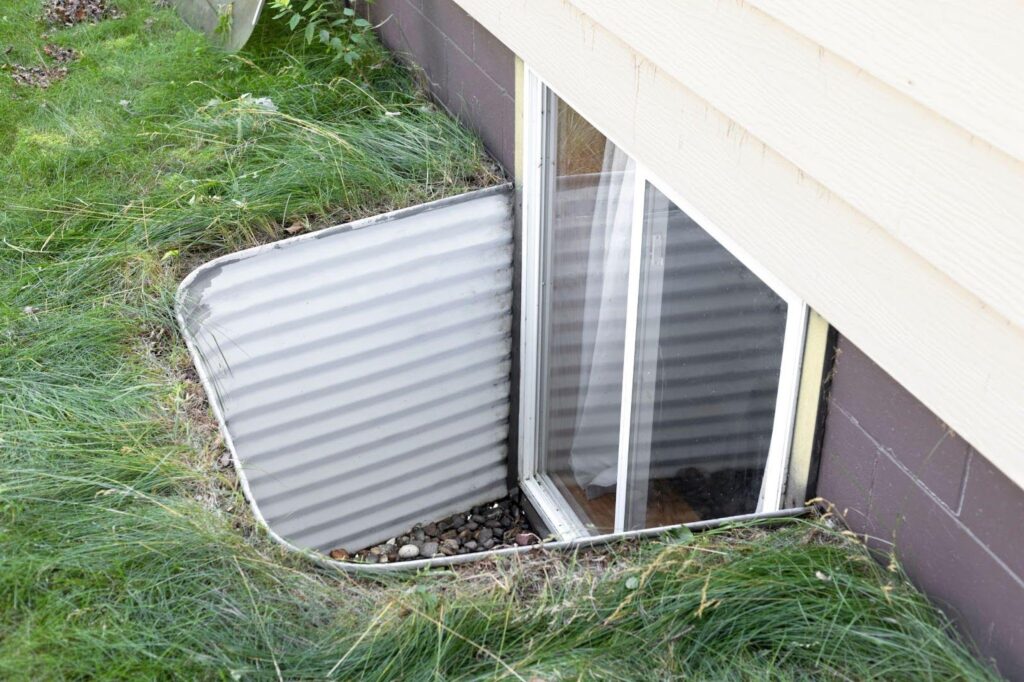 A house with an open window adjacent to a patch of grass