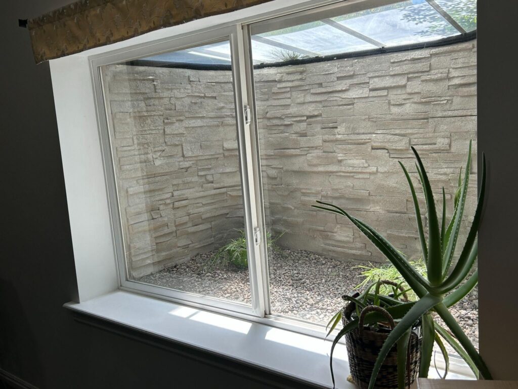 A window with a green plant sits against a textured stone wall creating a natural and rustic ambiance