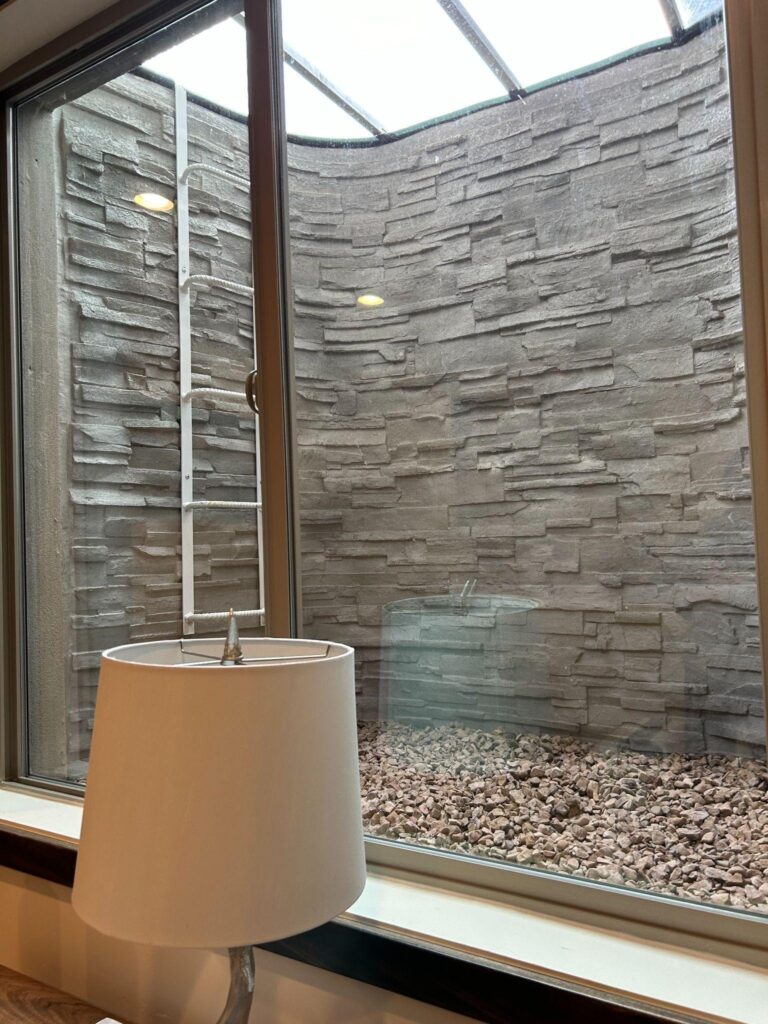 A window overlooking a textured stone wall showcasing its rugged surface and natural colors
