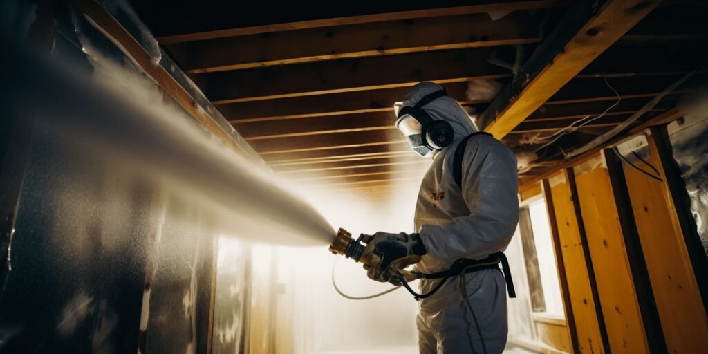A man in a protective suit spraying water on a wall for insulating a basement, promoting energy-efficient home