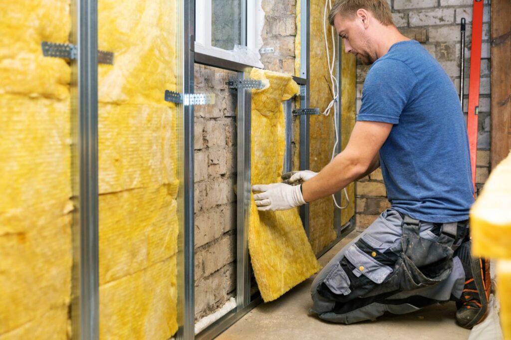 A man installing insulation in a room to make an energy-efficient home