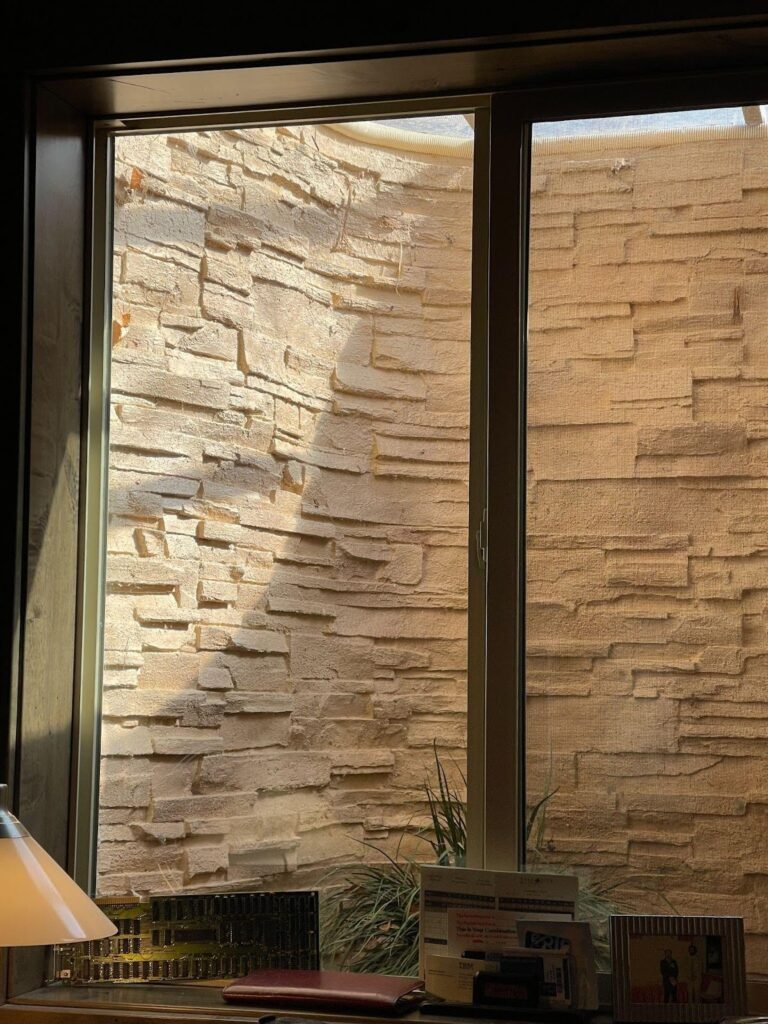 A window displaying a view of a textured brick wall emphasizing the rustic appearance of the bricks
