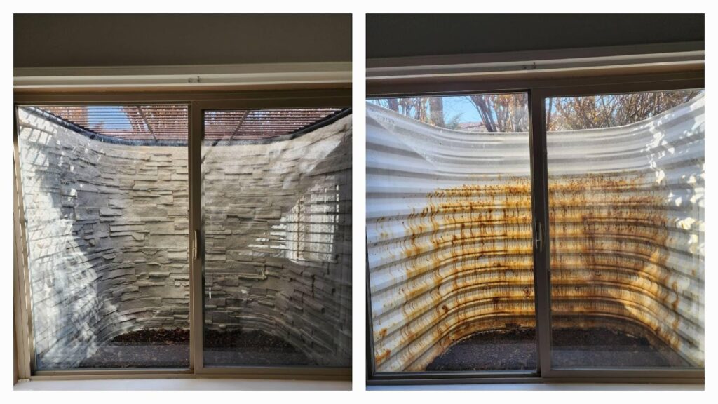 Two images of windows one with a white wall and the other with a brown wall showcasing different color contrasts