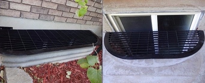 Two side-by-side views of sturdy black metal grates covering semi-circular window wells.